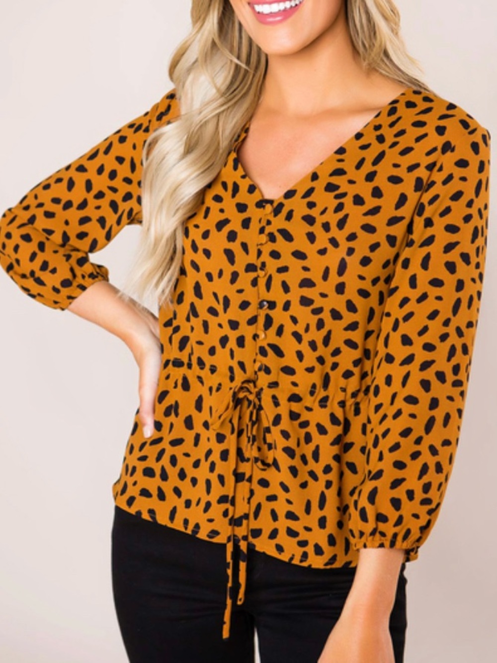Leopard Dot Printed Tie-Waist Blouse
